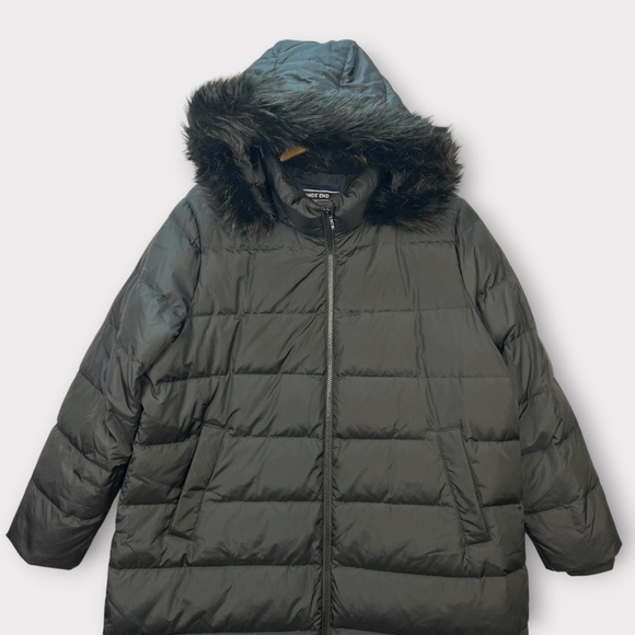 Lands End Women's Puffer Coat Goose Down Maxi Black Jacket Removable Fur Hood 1X - Picture 2 of 16